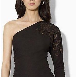 Lauren Black, one shoulder blouse, beaded Dragon